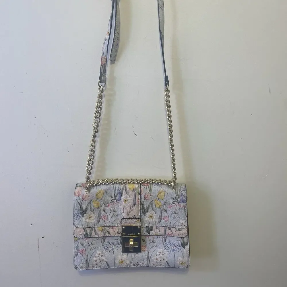 Aldo Crossbody Bag Purse Faux Leather Floral Turn Lock Rose Gold Metal Retro Y2k
